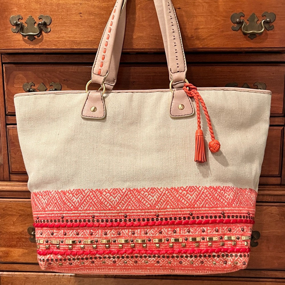 Stylish Beige and Coral Tote Bag